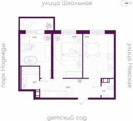 ЖК «Дубровка.Park», планировка 2-комнатной квартиры, 54.18 м²