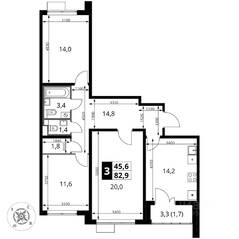 ЖК «Южная Битца», планировка 3-комнатной квартиры, 83.00 м²