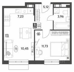 ЖК Арт-квартал «Публицист», планировка 1-комнатной квартиры, 38.49 м²