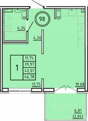 МЖК «Образцовый квартал 16», планировка 1-комнатной квартиры, 39.97 м²
