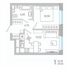 ЖК «Министр», планировка 1-комнатной квартиры, 35.06 м²