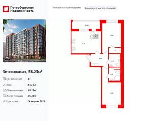 ЖК «Титул в Московском», планировка 2-комнатной квартиры, 58.23 м²