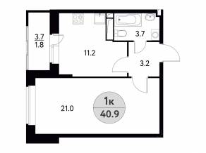 ЖК «Солнечная долина» (Щелково), планировка 1-комнатной квартиры, 40.90 м²