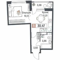 ЖК «Авиатор» (Девяткино), планировка 1-комнатной квартиры, 30.47 м²
