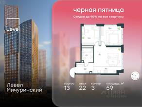 ЖК «Level Мичуринский», планировка 3-комнатной квартиры, 59.00 м²