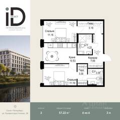 ЖК «ID Petrogradskaya», планировка 2-комнатной квартиры, 57.22 м²