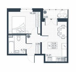 ЖК «Ново-Антропшино», планировка 1-комнатной квартиры, 34.60 м²