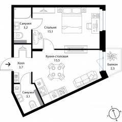 МЖК «Экография», планировка 1-комнатной квартиры, 41.30 м²