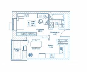 ЖК «Новоград Монино», планировка 1-комнатной квартиры, 34.80 м²