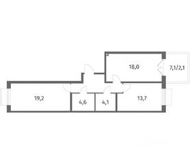 ЖК «Парусная 1», планировка 2-комнатной квартиры, 69.50 м²