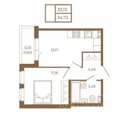 МЖК «Новая история», планировка 1-комнатной квартиры, 34.73 м²