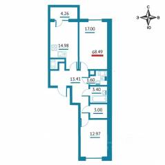 ЖК «Левитан», планировка 2-комнатной квартиры, 68.49 м²