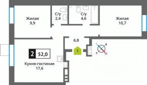 ЖК «Лесная Отрада», планировка 2-комнатной квартиры, 52.00 м²