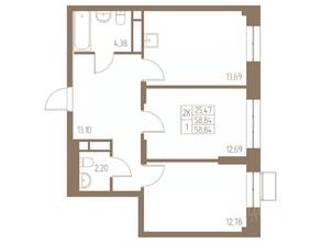 ЖК «Фабрикант», планировка 2-комнатной квартиры, 58.84 м²