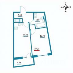 ЖК «Левитан», планировка 1-комнатной квартиры, 39.23 м²