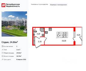 ЖК «Парадный ансамбль», планировка студии, 24.86 м²