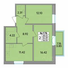 ЖК «Рождественский квартал», планировка 2-комнатной квартиры, 56.55 м²