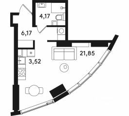 ЖК «Solos», планировка 1-комнатной квартиры, 35.71 м²