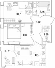 ЖК «Гранат», планировка 2-комнатной квартиры, 45.45 м²