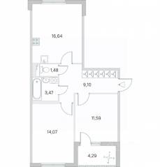 МЖК «Любоград», планировка 2-комнатной квартиры, 58.50 м²
