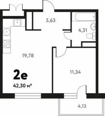 ЖК «Южное Пушкино», планировка 2-комнатной квартиры, 41.80 м²