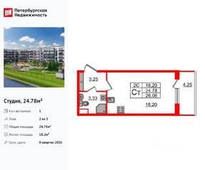 ЖК «Парадный ансамбль», планировка студии, 24.78 м²