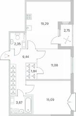 МЖК «Любоград», планировка 2-комнатной квартиры, 64.14 м²