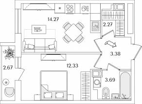 ЖК «Кинопарк», планировка 1-комнатной квартиры, 37.28 м²