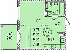 МЖК «Образцовый квартал 14», планировка 1-комнатной квартиры, 37.20 м²