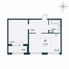 ЖК «Расцветай в Янино», планировка 1-комнатной квартиры, 47.90 м²