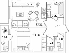 ЖК «Кинопарк», планировка 1-комнатной квартиры, 36.80 м²