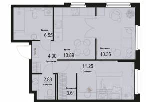 ЖК «ID Murino III», планировка 2-комнатной квартиры, 49.49 м²