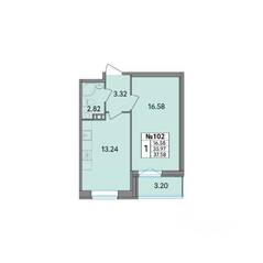 ЖК «Рождественский квартал», планировка 1-комнатной квартиры, 37.56 м²