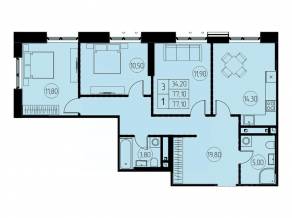 ЖК «7 небо», планировка 3-комнатной квартиры, 77.10 м²