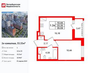 ЖК «Город звезд», планировка 1-комнатной квартиры, 33.35 м²