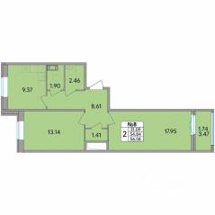 ЖК «Рождественский квартал», планировка 2-комнатной квартиры, 56.58 м²