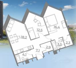 МФК «Резиденция Сокольники», планировка 2-комнатной квартиры, 66.90 м²