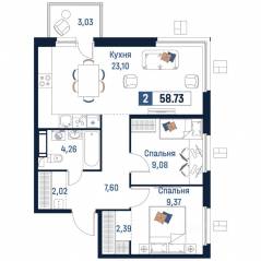 ЖК «Максималист», планировка 2-комнатной квартиры, 58.73 м²