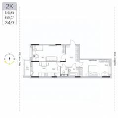 ЖК «Пироговская Ривьера», планировка 2-комнатной квартиры, 65.20 м²