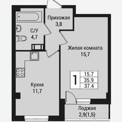 ЖК «Южная заря», планировка 1-комнатной квартиры, 38.90 м²
