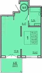 МЖК «Образцовый квартал 16», планировка 1-комнатной квартиры, 42.33 м²