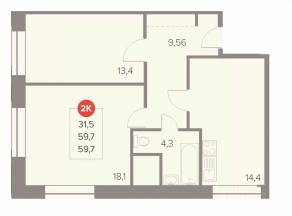 ЖК «Отлично», планировка 2-комнатной квартиры, 59.70 м²