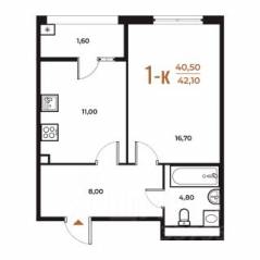 ЖК «Новое Летово», планировка 1-комнатной квартиры, 42.10 м²