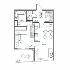 Апарт-комплекс «Residence 15», планировка 2-комнатной квартиры, 51.95 м²