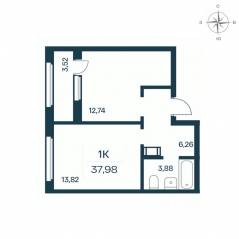 ЖК «Расцветай в Янино», планировка 1-комнатной квартиры, 38.10 м²