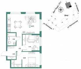 ЖК «Страна.Парковая», планировка 2-комнатной квартиры, 66.50 м²