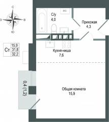 ЖК «Киноквартал», планировка студии, 31.80 м²