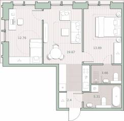 ЖК «Среда на Кутузовском», планировка 2-комнатной квартиры, 57.69 м²