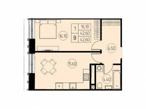 ЖК «7 небо», планировка студии, 42.60 м²