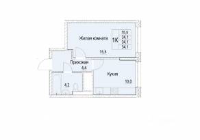 ЖК «Отрадный», планировка 1-комнатной квартиры, 34.10 м²